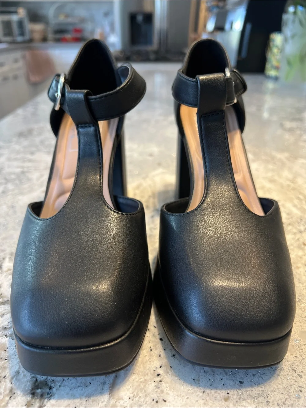 Pop Comfort Fit Black T-Strap Platform Mary Jane Block Heels Size 6 NWOB